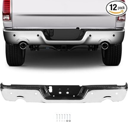 Rear Bumper Assembly for Ram 1500 2009-2018, Pickup Aftermarket Replacement Bumper for CH1103119 w/dual exhaust cutouts & sensor holes Chrome Steel