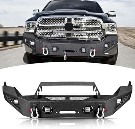 Front Bumper Compatible With Dodge Ram 1500 2013-2018, Off Road Front Bumper W/4 LED Lights, Winch Plate, 2 D-Rings & Shackle Mounts, Heavty Duty Front Bumper